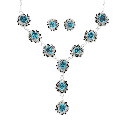Native American Navajo Turquoise Sterling Silver Bead Necklace Earring Set JX130939